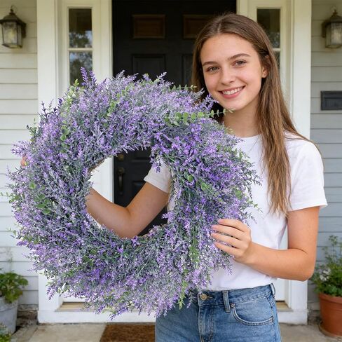 26 "إكليل الخزامى للباب الأمامي، إكليل ربيع الخزامى الاصطناعي الكبير، إكليل باب الأزهار الأرجواني للمزرعة لشرفة جدار الباب الأمامي، ديكور إكليل الربيع الصيفي in Kuwait