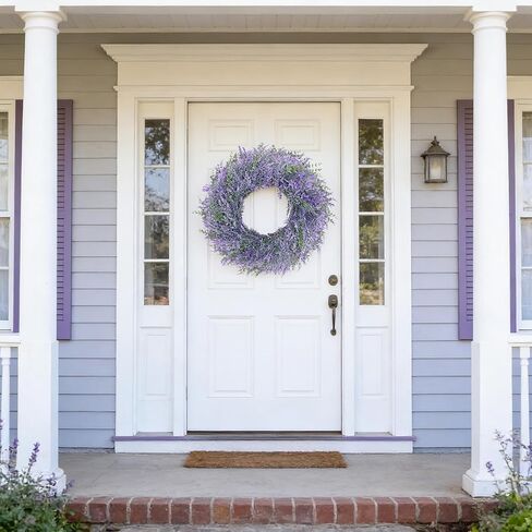 26 "إكليل الخزامى للباب الأمامي، إكليل ربيع الخزامى الاصطناعي الكبير، إكليل باب الأزهار الأرجواني للمزرعة لشرفة جدار الباب الأمامي، ديكور إكليل الربيع الصيفي in Kuwait