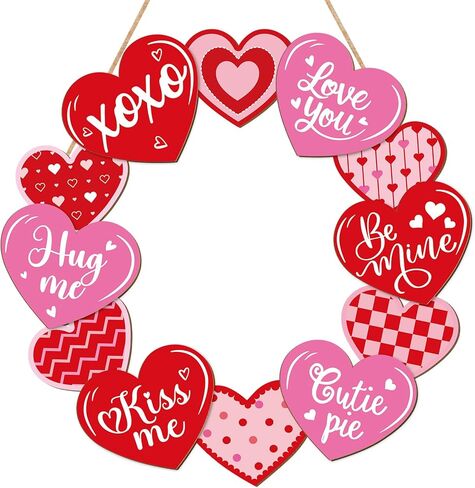 Wooden Valentines Day Door Wreath for Front Door Sign Glitter Heart Wall Signs Valentine Decoration, Sign Welcome Hanging Crafts for Home Farmhouse Wall Decor Party Outdoor Indoor Supply Heart in Saudi Arabia