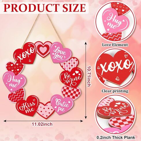 Wooden Valentines Day Door Wreath for Front Door Sign Glitter Heart Wall Signs Valentine Decoration, Sign Welcome Hanging Crafts for Home Farmhouse Wall Decor Party Outdoor Indoor Supply Heart in Saudi Arabia