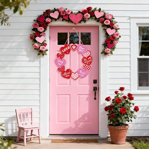Wooden Valentines Day Door Wreath for Front Door Sign Glitter Heart Wall Signs Valentine Decoration, Sign Welcome Hanging Crafts for Home Farmhouse Wall Decor Party Outdoor Indoor Supply Heart in Saudi Arabia