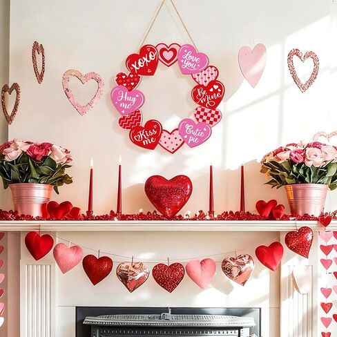 Wooden Valentines Day Door Wreath for Front Door Sign Glitter Heart Wall Signs Valentine Decoration, Sign Welcome Hanging Crafts for Home Farmhouse Wall Decor Party Outdoor Indoor Supply Heart in Saudi Arabia