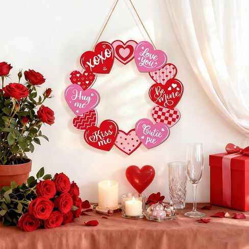Wooden Valentines Day Door Wreath for Front Door Sign Glitter Heart Wall Signs Valentine Decoration, Sign Welcome Hanging Crafts for Home Farmhouse Wall Decor Party Outdoor Indoor Supply Heart in Saudi Arabia