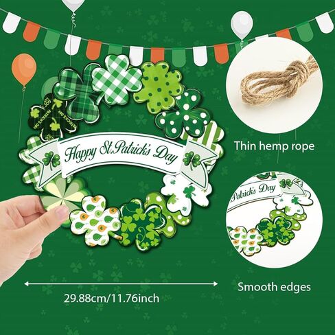 St. Patrick's Day Decoration Shamrock Door Wreath, Wooden St Patricks Day Hanging Decor for Front Door, Irish Spring Clover Wall Signs for Home Decor Party Outdoor Indoor Supply in Saudi Arabia