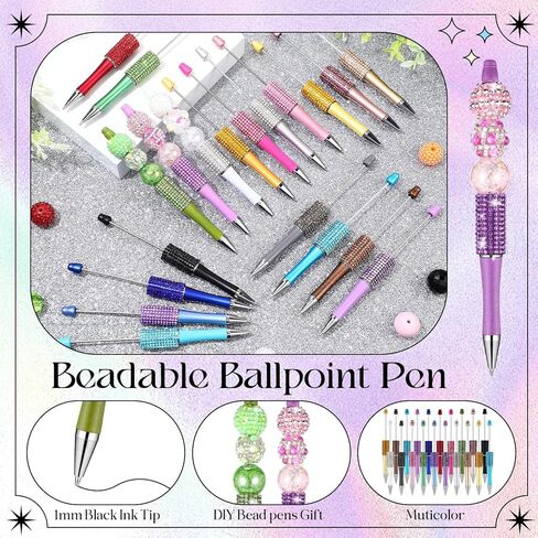 Marspark 80pcs Glitter Beadable Pen DIY Kits 20 Sets Fancy Diamond Bead Plastic Rhinestone Bling Pen Bulk with Refills & Bags Fun Bling Ballpoint for DIY Craft Making Gift, School Office Item in Saudi Arabia