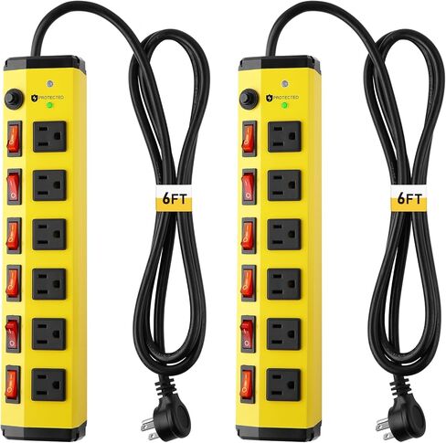 Heavy Duty Power Strip with Individual Switches,6 Outlet Metal Power Strip with Surge Protector 1200 Joules,Flat Plug Design,10FT,14AWG Extension Cord,15A 1875W- Wall Mountable in Saudi Arabia