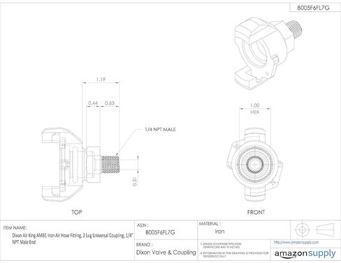 Dixon Air King AM2 Iron Air Hose Fitting, 2 Lug Universal Coupling, 1/2" NPT Male End in Kuwait