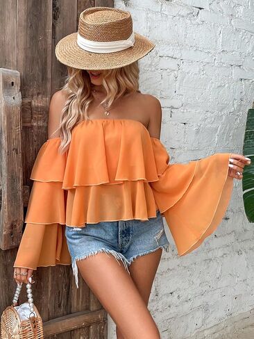 Off-Shoulder Ruffle Crop Top, Long Sleeve, Peach Orange in Saudi Arabia