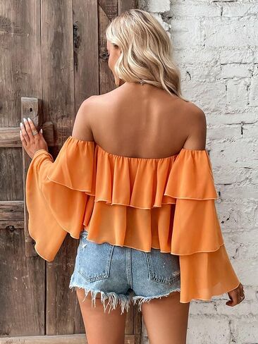 Off-Shoulder Ruffle Crop Top, Long Sleeve, Peach Orange in Saudi Arabia