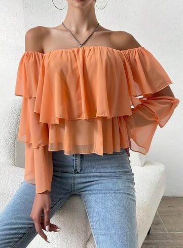 Off-Shoulder Ruffle Crop Top, Long Sleeve, Peach Orange in Saudi Arabia