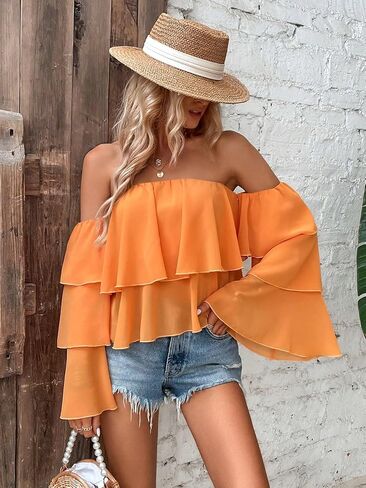 Off-Shoulder Ruffle Crop Top, Long Sleeve, Peach Orange in Saudi Arabia