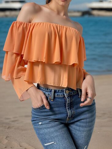 Off-Shoulder Ruffle Crop Top, Long Sleeve, Peach Orange in Saudi Arabia