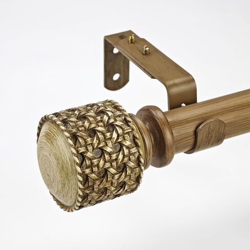 1-1/8 Inch Diameter Faux Wood Curtain Rods with Faux Rattan Cane Woven Finial, 72-144'' Telescoping Single Curtain Rods for window width 68-140 inch, 1 pack in Saudi Arabia