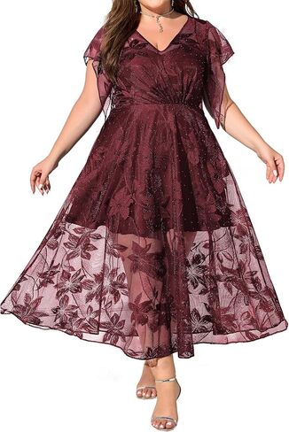 Plus Size Cocktail Wedding Guest Dress for Women Empire Waist Sequin Embroidered Lace Midi Dresses in Saudi Arabia