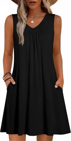 Zeagoo Summer Dresses for Women 2026 Sleeveless Dress V Neck Tank Dress Pleated Floral Tshirt Sundresses with Pockets in Saudi Arabia