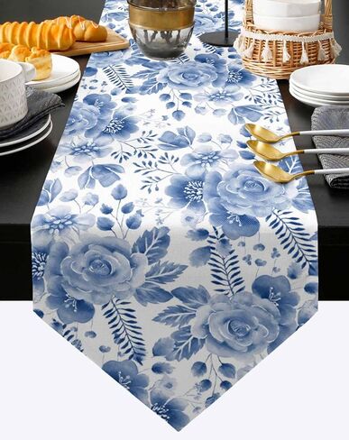 Blue Floral Table Runner Blue and White Porcelain Table Runners Dresser Scarves Elegant Flower Decorative Runners for Holiday Gatherings,Dinner,Outdoor or Indoor Parties, Machine Washable, 13x70 inch in Kuwait