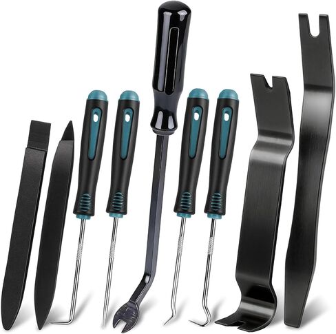 مجموعة أدوات إزالة الحواف التلقائية من Aleric مكونة من 9 قطع - أداة فك بلاستيكية لإزالة مشبك لوحة القيادة ولوحة الباب، ومزيل أدوات التثبيت، ومجموعة أدوات إزالة حواف السيارة مع خطاف دقيق ومجموعة اختيار للسيارات in Kuwait