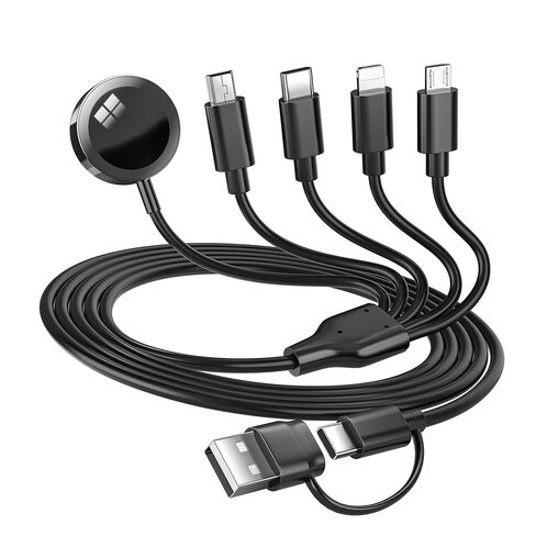 كابل شحن متعدد 5 في 2 لشاحن ساعة Apple: مدخل USB A/C، Lightning/Type C/Micro/Mini B/مخرج لاسلكي، متوافق مع iPhone 15-13، iWatch 1-9، Galaxy S23-22، 4FT (أسود) in Saudi Arabia