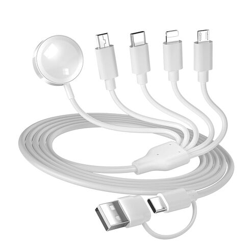 كابل شحن متعدد 5 في 2 لشاحن ساعة Apple: مدخل USB A/C، Lightning/Type C/Micro/Mini B/مخرج لاسلكي، متوافق مع iPhone 15-13، iWatch 1-9، Galaxy S23-22، 4FT (أسود) in Saudi Arabia