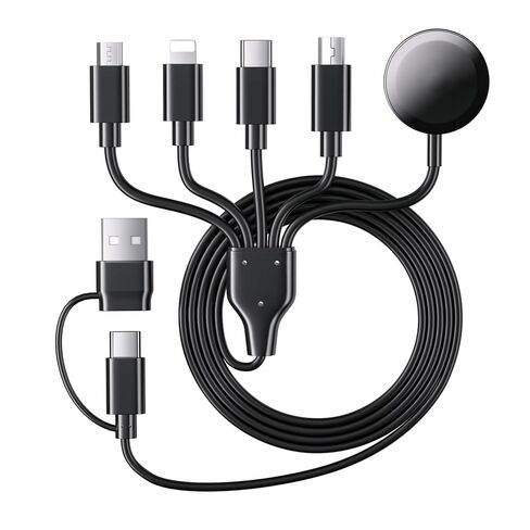 كابل شحن متعدد 5 في 2 لشاحن ساعة Apple: مدخل USB A/C، Lightning/Type C/Micro/Mini B/مخرج لاسلكي، متوافق مع iPhone 15-13، iWatch 1-9، Galaxy S23-22، 4FT (أسود) in Saudi Arabia