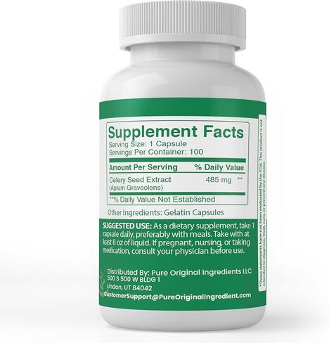 Pure Original Ingredients Celery Seed Extract, (100 Capsules) Always Pure, No Additives Or Fillers, Lab Verified in Saudi Arabia