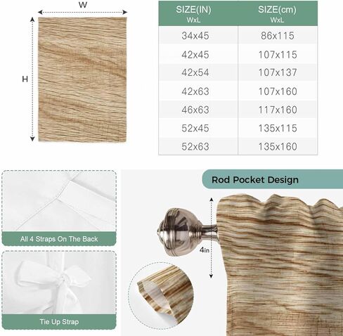 Country Farmhouse Tie Up Curtains for Window, Vintage Brown Wooden Grain Thermal Insulated Balloon Shade Adjustable Rod Pocket Curtains Valance Panels for Kitchen Bathroom Café 34'' x 45'' in Saudi Arabia