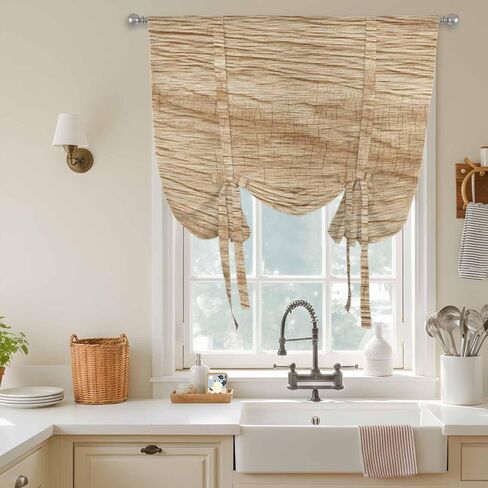 Country Farmhouse Tie Up Curtains for Window, Vintage Brown Wooden Grain Thermal Insulated Balloon Shade Adjustable Rod Pocket Curtains Valance Panels for Kitchen Bathroom Café 34'' x 45'' in Saudi Arabia