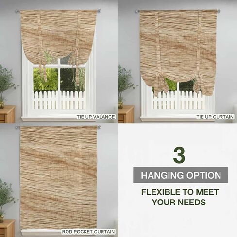 Country Farmhouse Tie Up Curtains for Window, Vintage Brown Wooden Grain Thermal Insulated Balloon Shade Adjustable Rod Pocket Curtains Valance Panels for Kitchen Bathroom Café 34'' x 45'' in Saudi Arabia