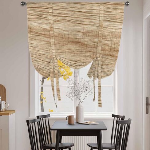 Country Farmhouse Tie Up Curtains for Window, Vintage Brown Wooden Grain Thermal Insulated Balloon Shade Adjustable Rod Pocket Curtains Valance Panels for Kitchen Bathroom Café 34'' x 45'' in Saudi Arabia
