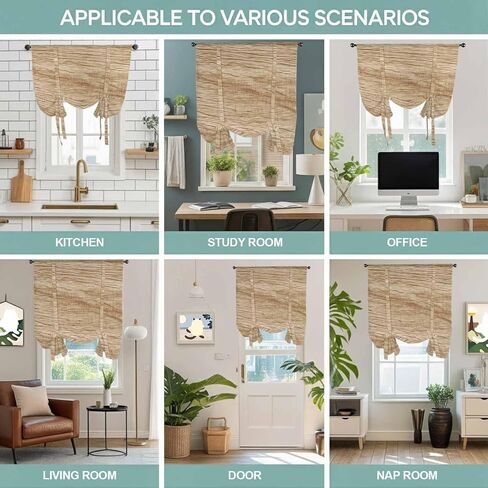 Country Farmhouse Tie Up Curtains for Window, Vintage Brown Wooden Grain Thermal Insulated Balloon Shade Adjustable Rod Pocket Curtains Valance Panels for Kitchen Bathroom Café 34'' x 45'' in Saudi Arabia