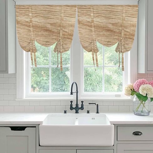 Country Farmhouse Tie Up Curtains for Window, Vintage Brown Wooden Grain Thermal Insulated Balloon Shade Adjustable Rod Pocket Curtains Valance Panels for Kitchen Bathroom Café 34'' x 45'' in Saudi Arabia