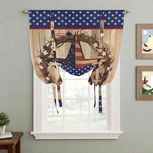 Farmhouse Tie Up Curtains for Window, Country Independence Day Stars And Stripes Thermal Insulated Balloon Shade Adjustable Rod Pocket Curtains Valance Panels for Kitchen Bathroom Café 42'' x 54'' in Saudi Arabia