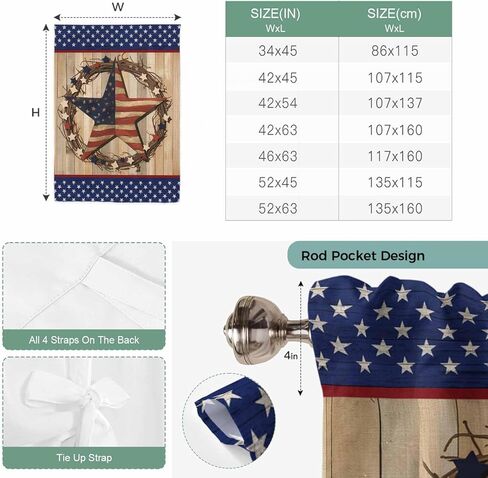 Farmhouse Tie Up Curtains for Window, Country Independence Day Stars And Stripes Thermal Insulated Balloon Shade Adjustable Rod Pocket Curtains Valance Panels for Kitchen Bathroom Café 42'' x 54'' in Saudi Arabia