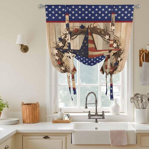 Farmhouse Tie Up Curtains for Window, Country Independence Day Stars And Stripes Thermal Insulated Balloon Shade Adjustable Rod Pocket Curtains Valance Panels for Kitchen Bathroom Café 42'' x 54'' in Saudi Arabia