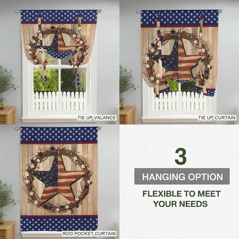 Farmhouse Tie Up Curtains for Window, Country Independence Day Stars And Stripes Thermal Insulated Balloon Shade Adjustable Rod Pocket Curtains Valance Panels for Kitchen Bathroom Café 42'' x 54'' in Saudi Arabia