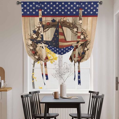 Farmhouse Tie Up Curtains for Window, Country Independence Day Stars And Stripes Thermal Insulated Balloon Shade Adjustable Rod Pocket Curtains Valance Panels for Kitchen Bathroom Café 42'' x 54'' in Saudi Arabia