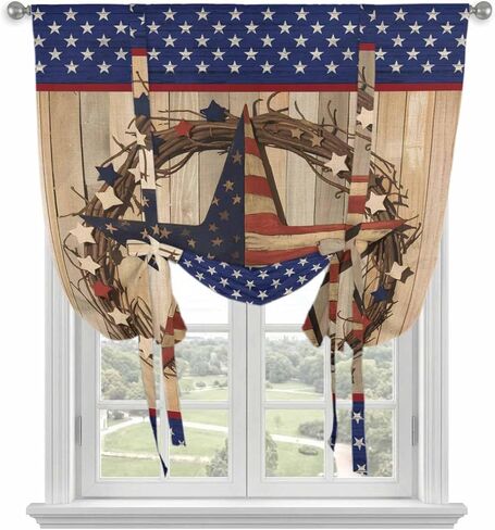Farmhouse Tie Up Curtains for Window, Country Independence Day Stars And Stripes Thermal Insulated Balloon Shade Adjustable Rod Pocket Curtains Valance Panels for Kitchen Bathroom Café 42'' x 54'' in Saudi Arabia