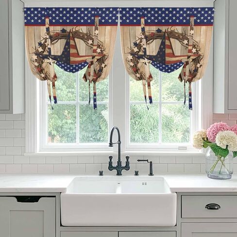 Farmhouse Tie Up Curtains for Window, Country Independence Day Stars And Stripes Thermal Insulated Balloon Shade Adjustable Rod Pocket Curtains Valance Panels for Kitchen Bathroom Café 42'' x 54'' in Saudi Arabia