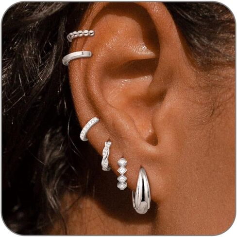 أقراط هوجي هوب الذهبية للنساء 14 قيراط مطلية بالذهب والفضة أقراط دائرية صغيرة مكدسة مجموعة أقراط غضروف مضادة للحساسية لثقب متعدد للمجوهرات العصرية الأنيقة in Kuwait