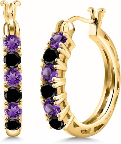 Gem Stone King 18K Yellow Gold Plated Silver Purple Amethyst and Black Diamond Hoop Earrings for Women | 1.20 Cttw | Gemstone February Birthstone | Round 3MM in Saudi Arabia
