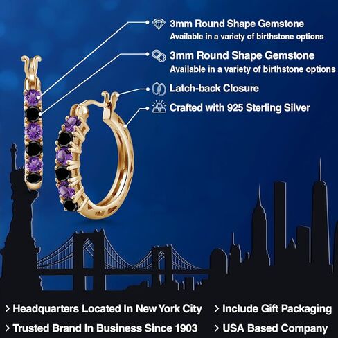 Gem Stone King 18K Yellow Gold Plated Silver Purple Amethyst and Black Diamond Hoop Earrings for Women | 1.20 Cttw | Gemstone February Birthstone | Round 3MM in Saudi Arabia
