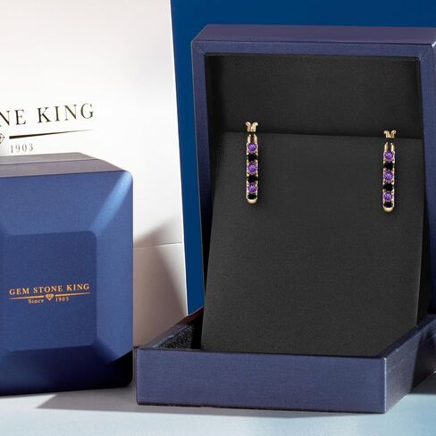 Gem Stone King 18K Yellow Gold Plated Silver Purple Amethyst and Black Diamond Hoop Earrings for Women | 1.20 Cttw | Gemstone February Birthstone | Round 3MM in Saudi Arabia