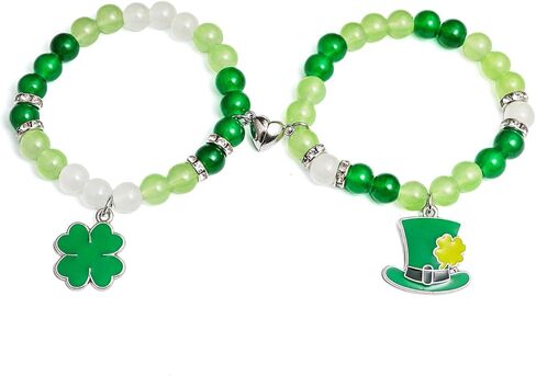 St. Patrick's Day Matching Bracelets Green Leaf Clover Couples Friendship Bracelets Heart Stone Beads Lucky Shamrock Hat Distance Promise Bracelet for Best Friends Bff Couples Irish Festival Costume-A in Saudi Arabia