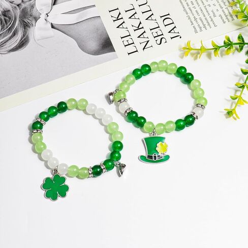 St. Patrick's Day Matching Bracelets Green Leaf Clover Couples Friendship Bracelets Heart Stone Beads Lucky Shamrock Hat Distance Promise Bracelet for Best Friends Bff Couples Irish Festival Costume-A in Saudi Arabia