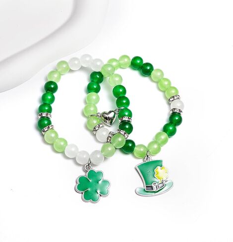 St. Patrick's Day Matching Bracelets Green Leaf Clover Couples Friendship Bracelets Heart Stone Beads Lucky Shamrock Hat Distance Promise Bracelet for Best Friends Bff Couples Irish Festival Costume-A in Saudi Arabia