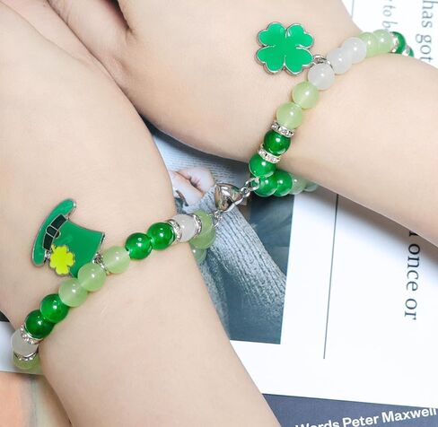 St. Patrick's Day Matching Bracelets Green Leaf Clover Couples Friendship Bracelets Heart Stone Beads Lucky Shamrock Hat Distance Promise Bracelet for Best Friends Bff Couples Irish Festival Costume-A in Saudi Arabia