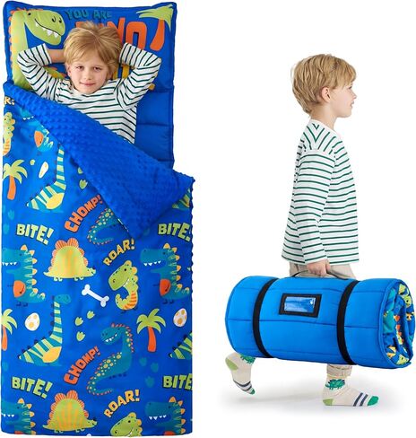 JOIEDOMI Toddler Nap Mat with Removable Pillow and Minky Blanket 55''x30'' Kids Sleeping Bag for Boys and Girls Ages 3-6 Roll Up Soft Nap Mats for Preschool Kindergarten Daycare Sleepover in Saudi Arabia
