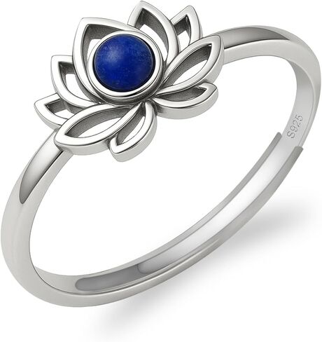 خاتم لوتس من الفضة الإسترليني عيار 925 مع اللازورد الطبيعي، مجوهرات روحية بسيطة قابلة للتعديل للنساء in Kuwait