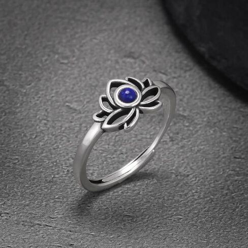 خاتم لوتس من الفضة الإسترليني عيار 925 مع اللازورد الطبيعي، مجوهرات روحية بسيطة قابلة للتعديل للنساء in Kuwait