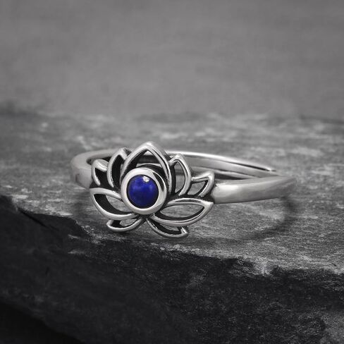 خاتم لوتس من الفضة الإسترليني عيار 925 مع اللازورد الطبيعي، مجوهرات روحية بسيطة قابلة للتعديل للنساء in Kuwait